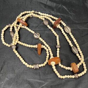 Boho Beaded Wood Silver Tone Statement Necklace 56" Bone Bohemian Natural Ethnic